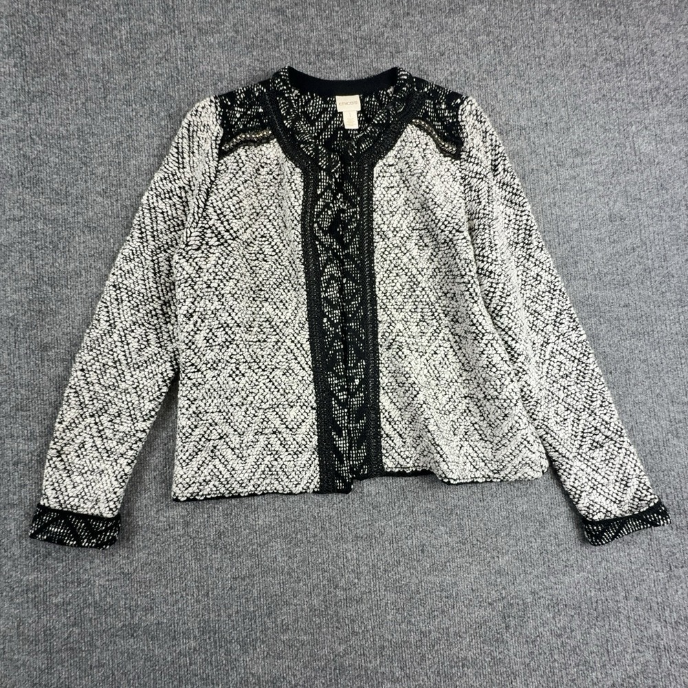 Chico's Cardigan Sweater Womens 1 Black White Geometric Open Front Chunky Knit
